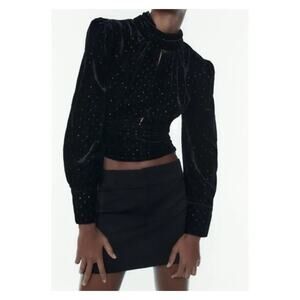 ZARA Velvet Metallic Keyhole Cut Out Crop Top S Black